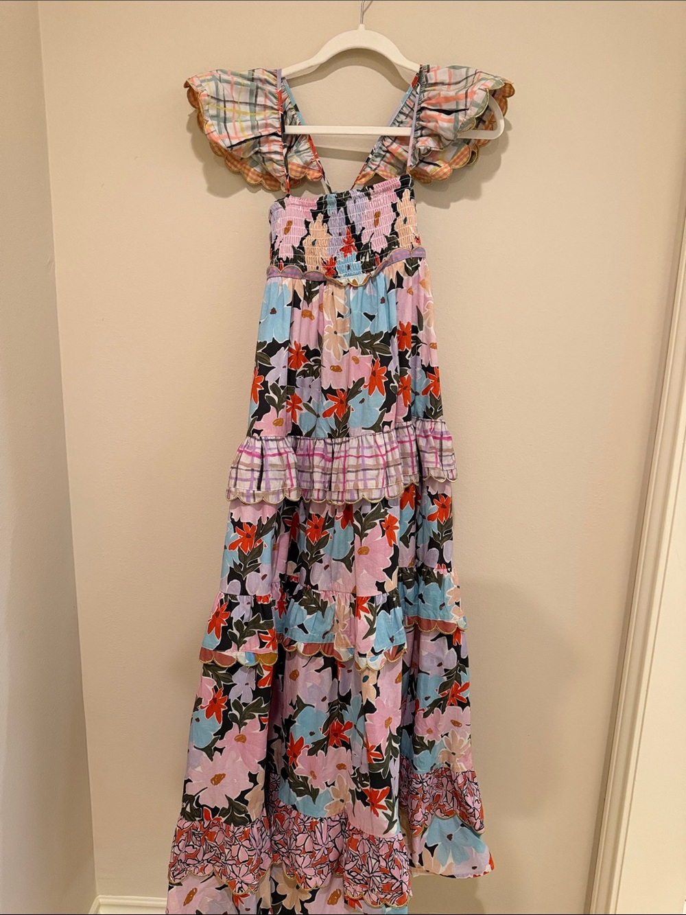 Girls Smocked Tiered Maxi Dress in Pink & Blue Floral